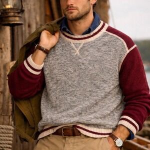 BRUZER Mens‎ Large Heather Gray Burgundy Heritage-Inspired Varsity Knit Sweater